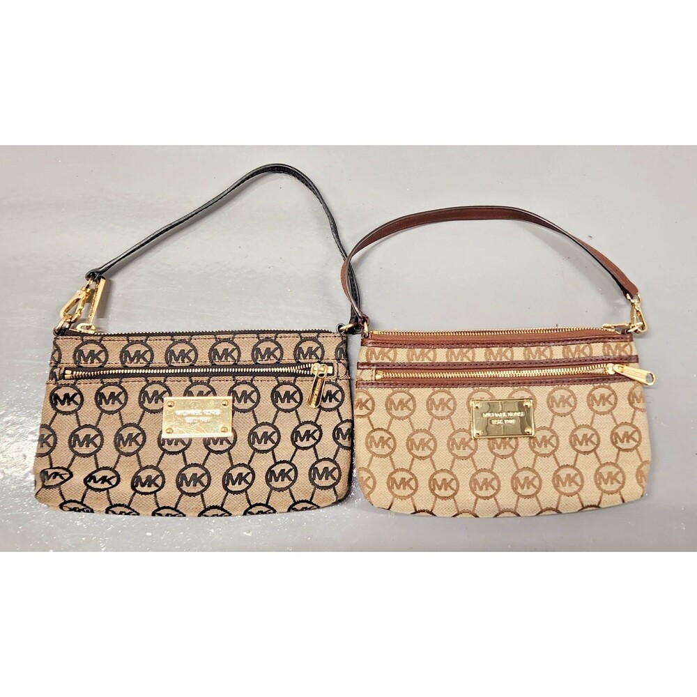 2 Michael Kors Monogram Small Wristlet Purse Brown and Black with Gold Accents